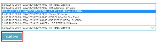 kteréhokoliv předchozího odehraného utkání; - vedoucí družstva nejprve provede výběr utkání, z něhož chce sestavu kopírovat a výběr potvrdí tlačítkem KOPÍROVAT; - kopírovat sestavu je možno pouze z
