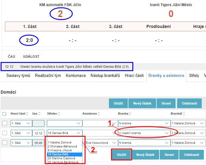 vlastní branka - vlastní branka se zadává do kolonky družstva, kterému tato branka bude připsána do skóre; - při zadání vlastní branky je třeba nejprve vybrat kód branky V = VLASTNÍ BRANKA; - v