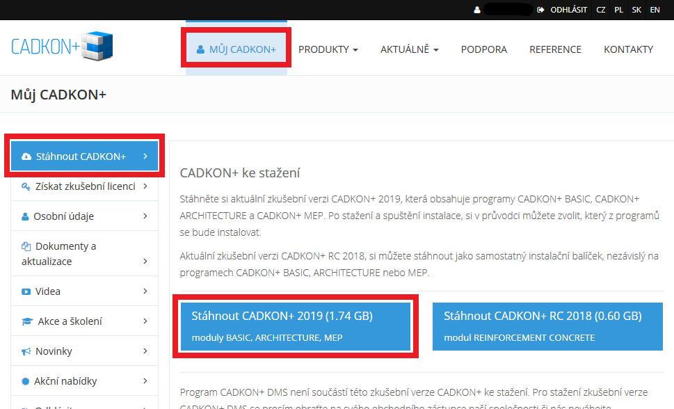 Stažení aktuální instalace CADKON+ 2019 obsahující Service Pack 1 z www.cadkon.eu.