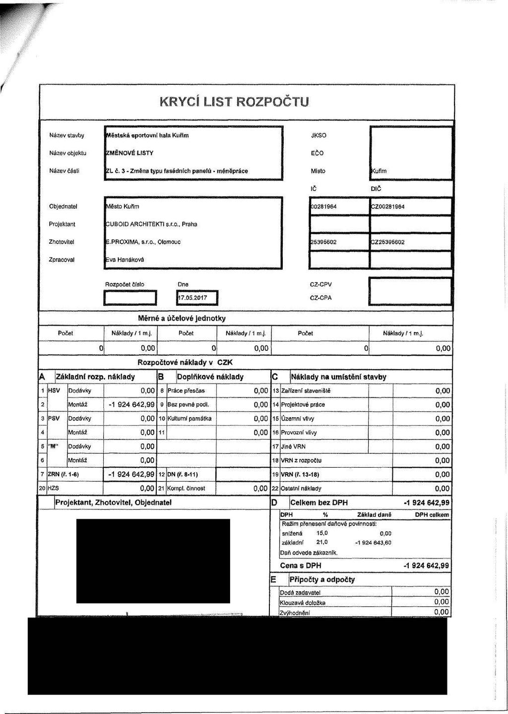 KRYCÍ LiST ROZPOČTU Název stavby Městská sportovní hala Kuřim JKSO Název objektu ZMĚNOVÉ LISTY EČO Název části ZL č.