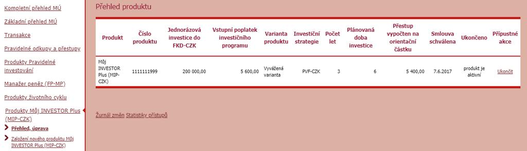 Produkty Můj INVESTOR Plus Zde naleznete přehled sjednaných produktů Můj INVESTOR Plus. Pomocí odkazu Ukončit můžete produkt ukončit.
