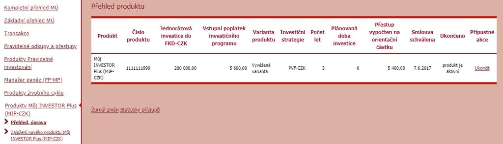 Produkty Můj INVESTOR Plus Zde naleznete přehled sjednaných produktů Můj INVESTOR Plus. Pomocí odkazu Ukončit můžete produkt ukončit.