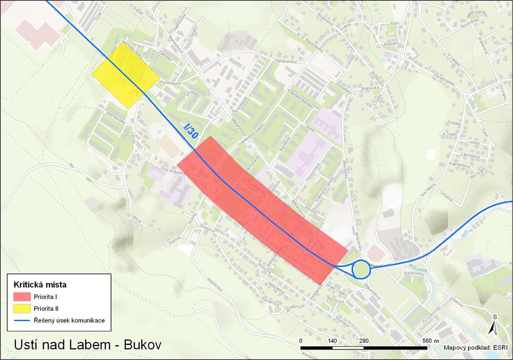 Obr. 17: Situace kritických míst v Ústí nad Labem s blastí
