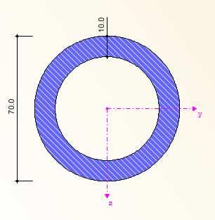 Průřez: Obr. 33 - RO 70x10 Průřezová charakteristika Symbol Hodnota Jednotky Vnější průměr D 70000 mm Tloušťka stěny t 10000 mm Plocha průřezu A 18850 cm 2 Moment setrvačnosti (plošný moment 2.