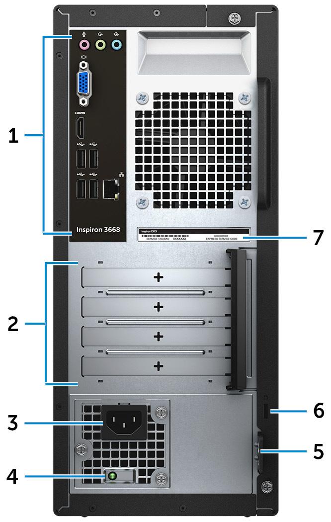 Vzadu 1 Zadní panel Slouží k připojení zařízení USB, video a zvukových zařízení a dalších zařízení. 2 Sloty rozšiřujících karet Slouží k přístupu k portům na nainstalovaných kartách PCI Express.