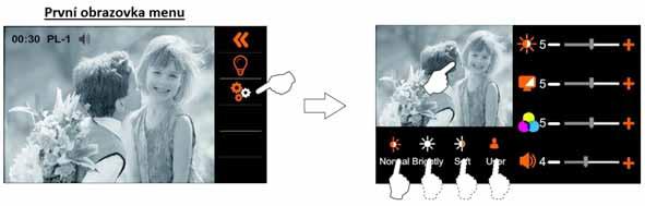 Pro uložení a odchod z menu klepněte na obraz z kamery tabla, objeví se první obrazovka nastavení. Pro vstup do menu nastavení jasu, kontrastu a barvy stiskněte volbu.