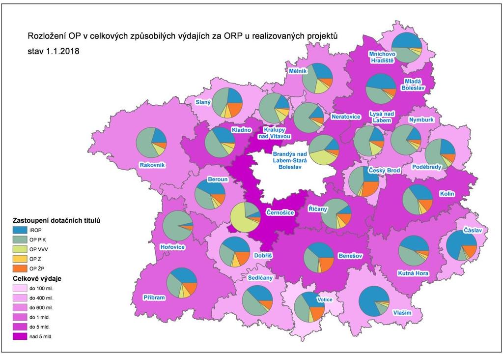 Následující kartodiagram vyjadřuje rozložení realizovaných projektů dle jednotlivých ESI fondů na území jednotlivých SO ORP.