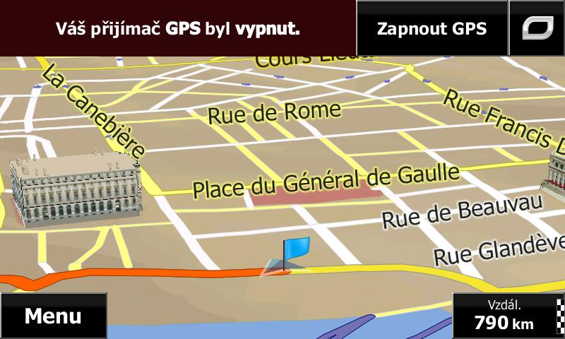 7. Mapa se zobrazí s průhlednou značkou vozidla (znázorňující chybějící signál GPS). Pokud již existuje aktivní trasa, je nyní přepočítána od vybraného místa. 8.