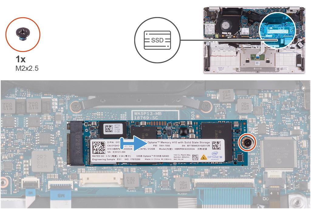 1 Demontujte šroub (M2x2,5), kterým je připevněn disk SSD k základní desce. 2 Vysuňte disk SSD ze slotu disku SSD na základní desce. Montáž disku SSD M.