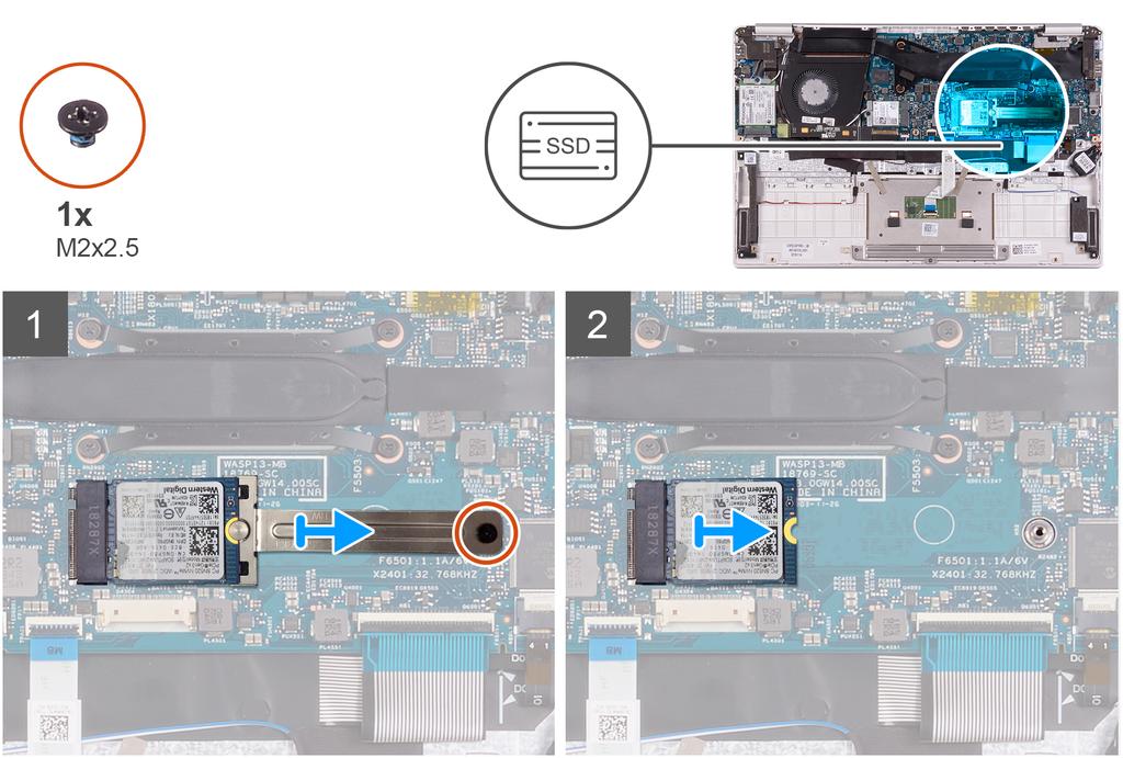 1 Demontujte šroub (M2x2,5), kterým je držák disku SSD připevněn k základní desce. 2 Vysuňte a vyjměte držák disku SSD z disku SSD na základní desce.