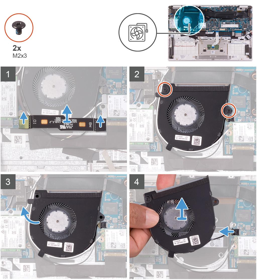Následující obrázek znázorňuje umístění ventilátoru a ukazuje postup demontáže. 1 Odpojte kabel desky I/O od základní desky a desky I/O.