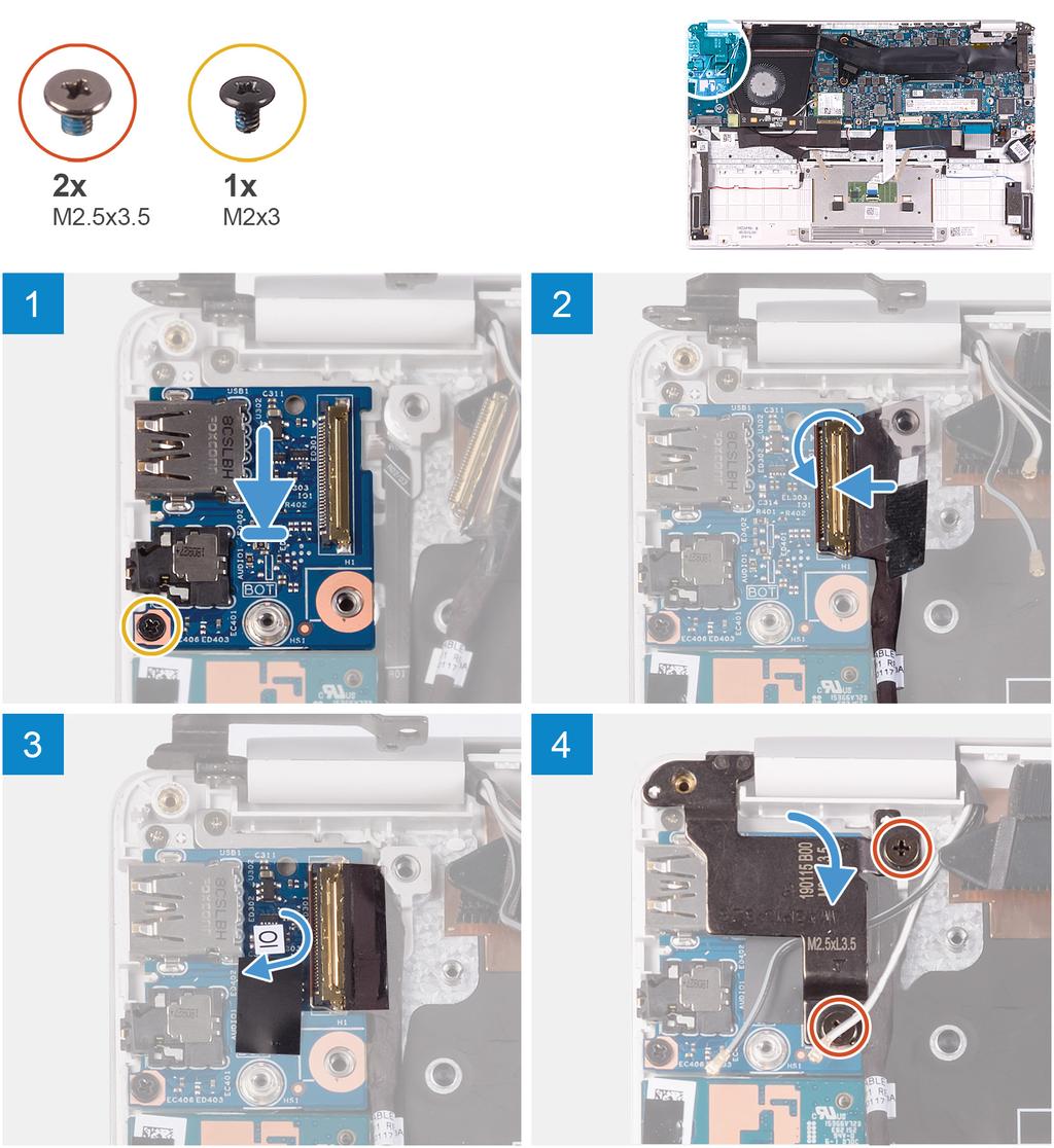 5 Vyšroubujte šroub (M2x3), který připevňuje desku I/O k sestavě opěrky pro dlaň a klávesnice. 6 Zvedněte desku I/O ze sestavy opěrky pro dlaň a klávesnice.