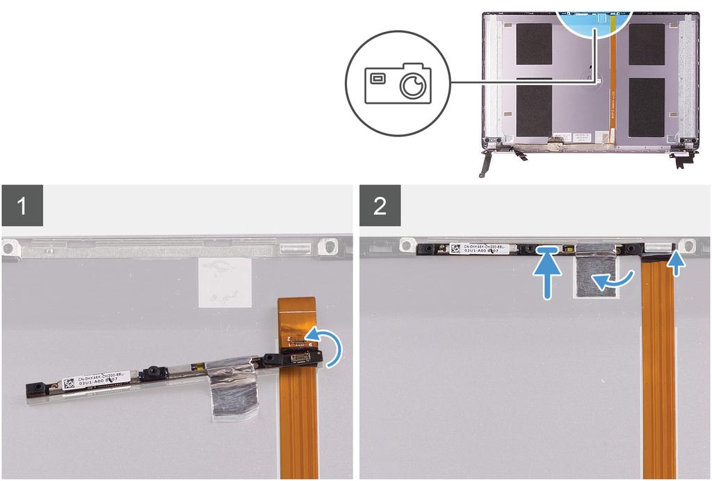 Následující obrázek znázorňuje umístění kamery a ukazuje postup montáže. 1 Připevněte kameru ke kabelu displeje (páska), připojte kabel kamery ke kameře a překlopte ji.