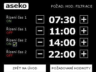 Nastavení časů běhu filtračního čerpadla V menu