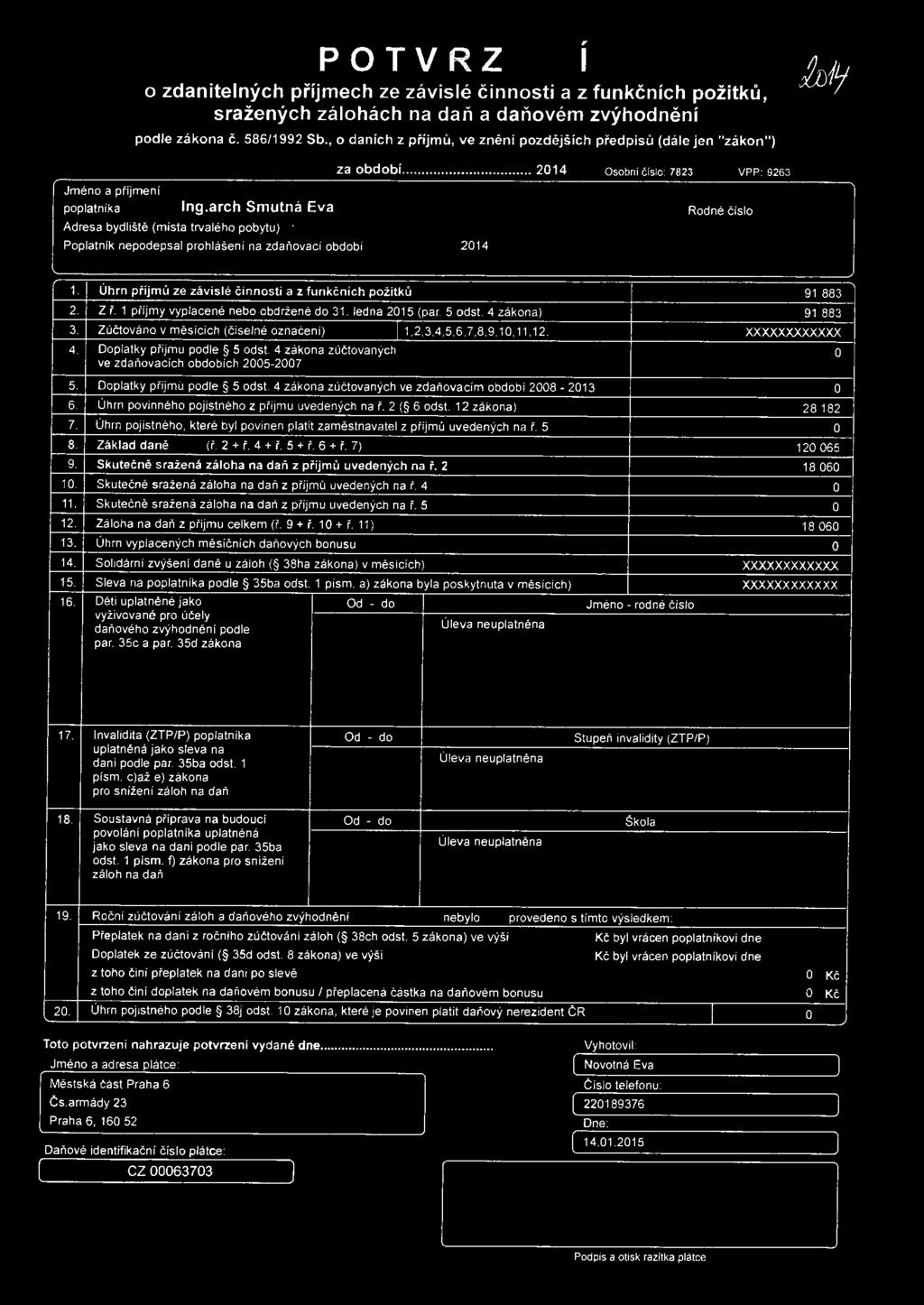 arch Smutná Eva Rodné čís lo Adresa bydliště (místa trvalého pobytu) Poplatník nepodepsal prohlášeni na zdaňovací období 2014 1. Úhrn příjmů ze závislé činnosti a z funkčních požitků 2. Z ř.