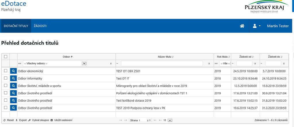 Krok 5 Výběr dotačního titulu Po kliknutí na položku Dotační tituly v hlavním menu aplikace se zobrazí všechny aktuálně vypsané dotační tituly.