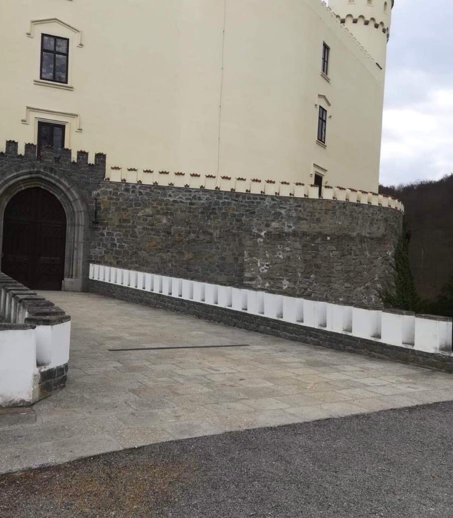 Obrázek 75 Dlážděná cesta do areálu zámku Další problém přichází v momentě, kdy by se chtěla osoba na vozíčku nebo osoba se sníženou pohyblivostí a osoba se zrakovým postižením dostat na neplacenou