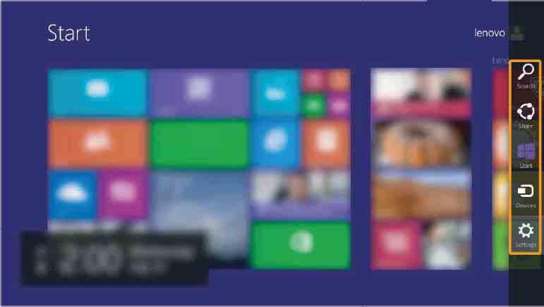 Kapitola 3. Ovládací tlačítka Ovládací tlačítka jsou navigační tlačítka pro ovládání systému Windows 8.1. Mezi ovládací tlačítka patří: Hledat, Sdílet, Start, Zařízení a Nastavení.