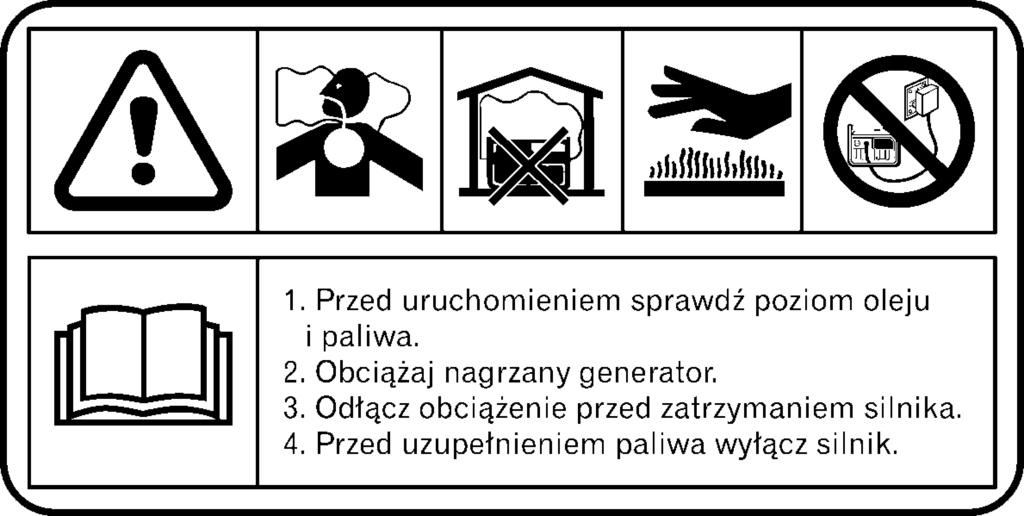 Bezpečnostní nálepky Vaše elektrocentrála musí být používána bezpečně. Proto na zařízení byly umístěny nálepky, které Vám připomenou hlavní zásady během používání.