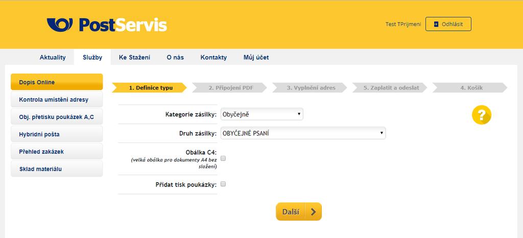 Definice typu Po kliknutí na tlačítko Založ dopis online se zobrazí průvodce, kde si zvolíte požadavky na zpracování zásilky (obr.