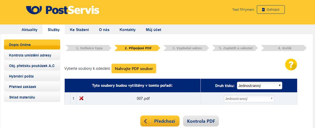 Je možné přidat více pdf souborů Po přidání všech dokumentů, které chcete odeslat, si zkontrolujete, v jakém pořadí budou v zásilce