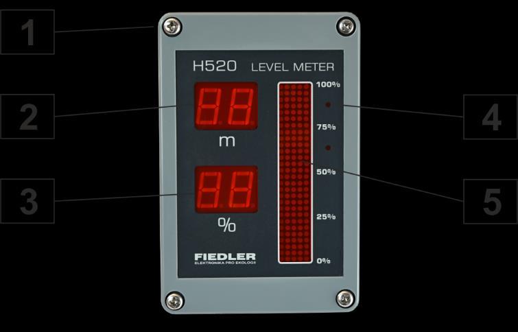 3.2. Zobrazovací jednotka H520 POPIS ZOBRAZOVACÍGHO PANELU JEDNOTKY H520 1 Horní díl jednotky H520 se zobrazovacím panelem a zabudovanou deskou elektroniky 2 Displej pro zobrazení měřené hladiny nebo