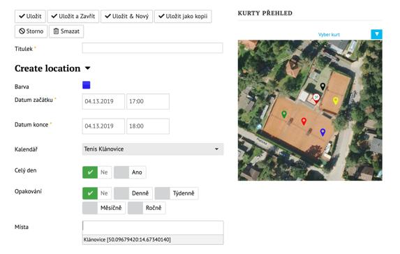 2. Přes tlačítko Plus nepreferovaný neb nesmíte zapomenout doplnit v položce místo Klánovice a v položce Rooms správný Kurt Preferovaný klikem v kalendáři a v konkrétním Kurtu: Po vyplnění základních