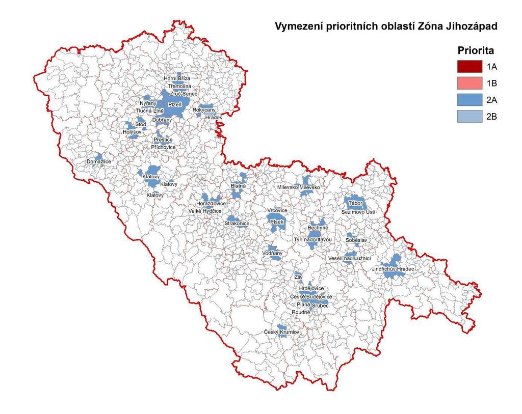 Obrázek 50: Vymezení územních priorit, zóna CZ03 Jihozápad D.2 Matice logického rámce Pro identifikaci cílů Programu zlepšování kvality ovzduší byla zadáním projektu požadována metoda Logického rámce.