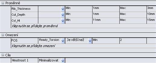 Studie návrhu aktualizuje hodnotu čidla na každé iteraci spuštěním studie Ready_Torsion. 3. U podmínky zvolte je větší než a pro min zadejte 2.