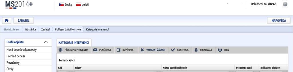 Kategorie intervencí Záložky Tematický cíl,