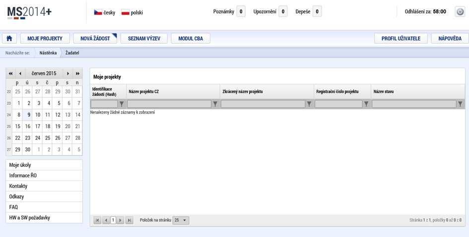 1.1.1 Založení projektu Po kliknutí na záložku Žadatel se zobrazí základní plocha s Moje projekty