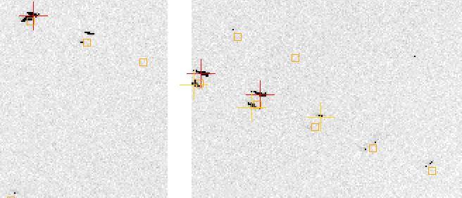Vpravo je znázorněno označení reflexí programem imosflm [4] (červený kříž značí silné pozorované reflexe použité pro indexaci, žlutý kříž značí slabé pozorované reflexe nepoužité pro indexaci a