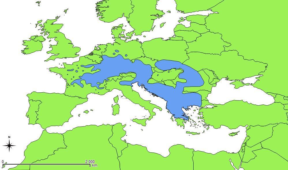 Obr. 2: Mapa výskytu kuňky žlutobřiché (Bombina variegata) ve světě zpracovaná v softwaru QGIS. Zdroj dat: www.iucnredlist.org 1.2.2 Výskyt v ČR V České republice se vyskytuje kuňka žlutobřichá a kuňka obecná.