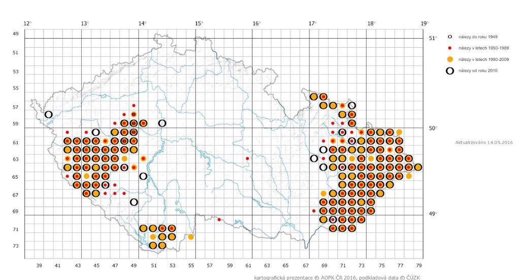 Obr. 3: Rozšíření kuňky žlutobřiché (Bombina variegata) v České republice. Zdroj: www.portal.nature.cz 1.2.3 Biotopy Vhodné biotopy pro výskyt obojživelníků obecně velmi ubývají.