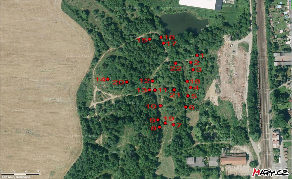 Obr. 4: Mapa sledované lokality s vyznačenými zkoumanými tůněmi. Zdroj : www.mapy.cz 3.3 Metodika značení jedinců Bylo použito dvou metod.