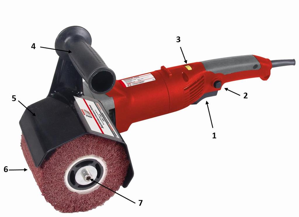 11 TECHNIC 11.1 Components SM 100 1 On-Off-Switch 5 Protection cover 2 Lock button 6 Abrasive 3 Speed controller 7 Abrasive lock 4 Handle 11.