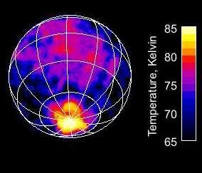 Obrázek 5: Enceladus teplota Mapa ukazuje teplotu na straně Enceladu právě přivrácené ke Slunci.