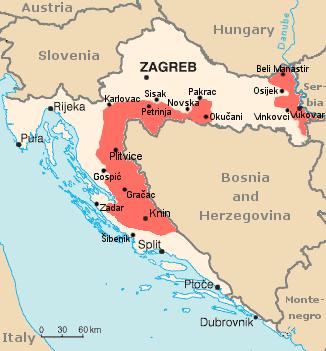 Republika Srbská Krajina (cca ¼ Chorvatska 1991 1999) dvě části RSK spolu nesousedily a komunikace probíhaly přes území