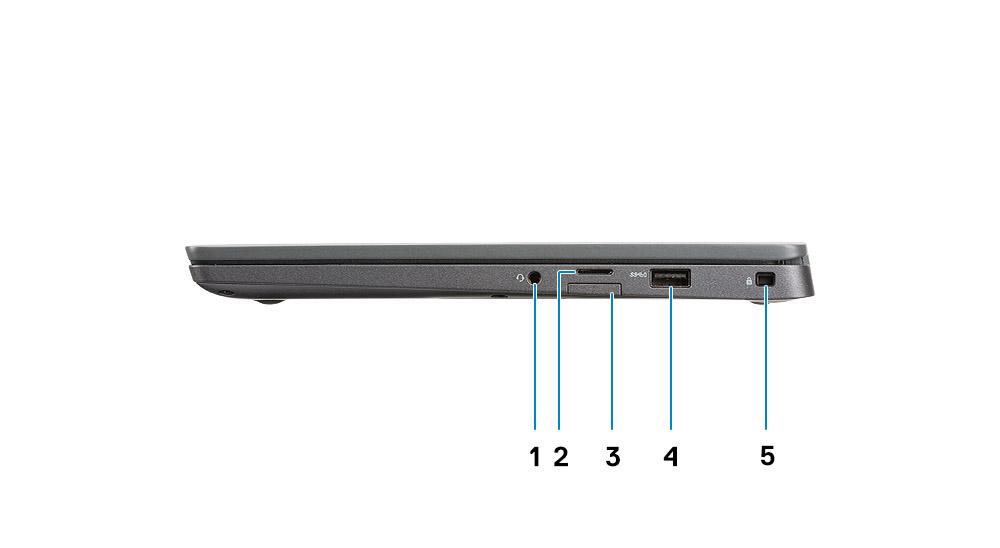 5 Infračervený vysílač 6 Sestava mikrofonů 7 Panel displeje 8 Indikátor stavu baterie Pohled zleva 1 Port adaptéru napájení 2 Port USB 3.1 typu C 2. generace (Thunderbolt) 3 Port HDMI 1.