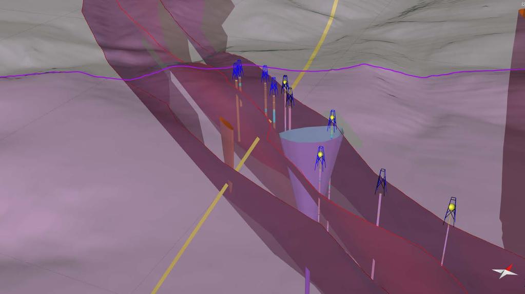 Detaily 3D modelu Špičák pozice diatrémy vůči plánované trase tunelu