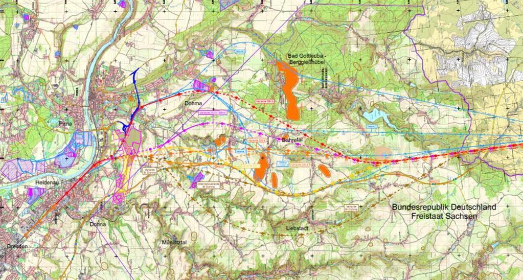 Trassenvarianten auf sächsischer Seite in Vorbereitung des Raumordnungsverfahrens Nové varianty ze saské strany podle regionálního plánování Rohstoffsicherungsgebiete aus aktuellem