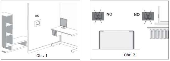 8) Instalace: LCD regulátor musí být nainstalován ve výšce 1,5 m od podlahy, na suchém místě, bez průvanu, v dostatečné vzdálenosti od zdrojů tepla (radiátorů, klimatizací, oken, atd. viz obr.