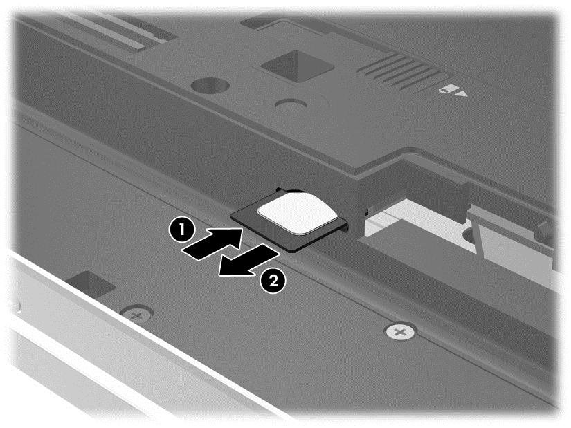 7. Vložte kartu SIM do zásuvky a jemně ji zatlačte, dokud zcela nezapadne. POZNÁMKA: pozici. Kartu SIM vkládejte do počítače tak, jak je znázorněno na obrázku v bateriové 8. Vložte zpět baterii.