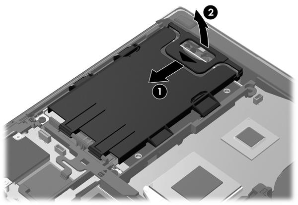 Odebrání pevného disku Odebrání jednotky pevného disku ze zařízení EliteBook: POZNÁMKA: Čtečka čipových karet je umístěna nad jednotkou pevného disku.