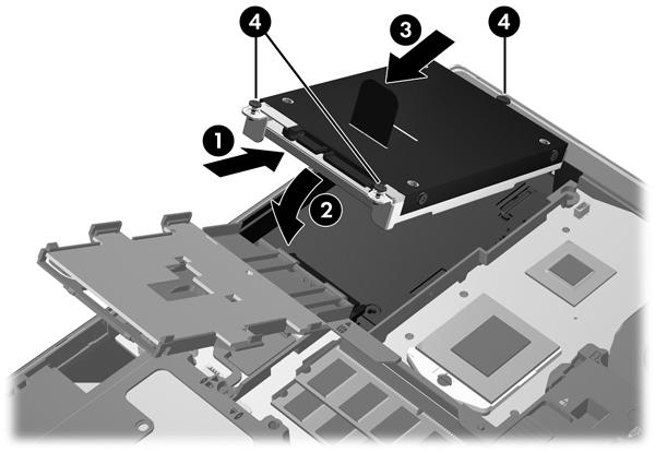 Instalace pevného disku Vložení jednotky pevného disku do zařízení EliteBook: 1. Vložte pevný disk šikmo do pozice pevného disku (1) a poté jej zamáčkněte do pozice jednotky pevného disku (2). 2.