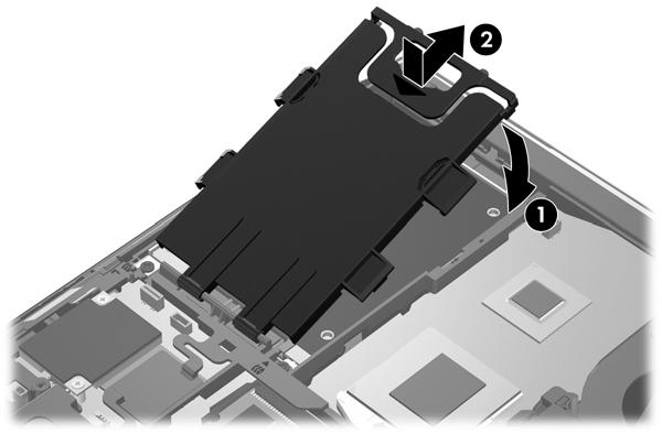 Otočte čtečku čipových karet (1) tak, aby ležela na jednotce pevného disku. 5. Zatlačte čtečku čipových karet dolů, směrem ke straně počítače (2) tak, aby zapadla na místo. 6.
