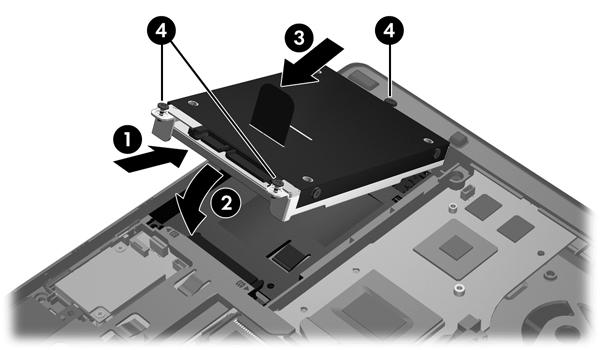 Vložení jednotky pevného disku do zařízení ProBook: 1. Vložte pevný disk šikmo do pozice pevného disku (1) a poté jej zamáčkněte do pozice jednotky pevného disku (2). 2.
