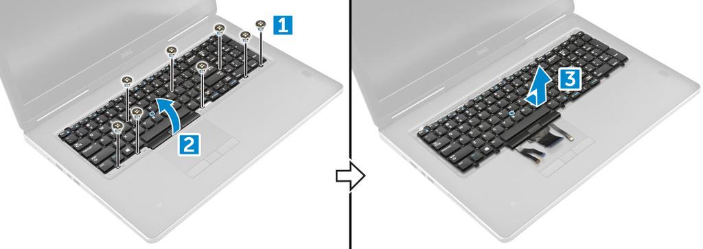 a Demontujte šrouby M2,0x2,5, kterými je klávesnice připevněna k počítači [1]. b Klávesnici zvedněte a demontujte z počítače [2, 3].