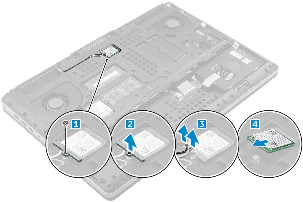 Montáž karty sítě WLAN 1 Kartu WLAN zasuňte do jejího slotu v počítači. 2 Veďte kabely antény vodicí drážkou a připojte je ke kartě WLAN.