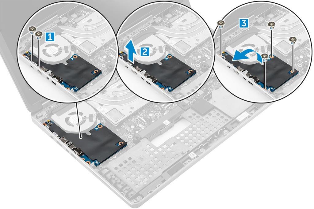 3 Demontáž desky I/O: a Vyjměte šrouby M2,5x5,0 upevňující držák konektoru Thunderbolt k počítači [1]. b Vyjměte držák z konektoru Thunderbolt [2]. c Demontujte šrouby M2.5x5.0, kterými je deska I/O připevněna k počítači [3].